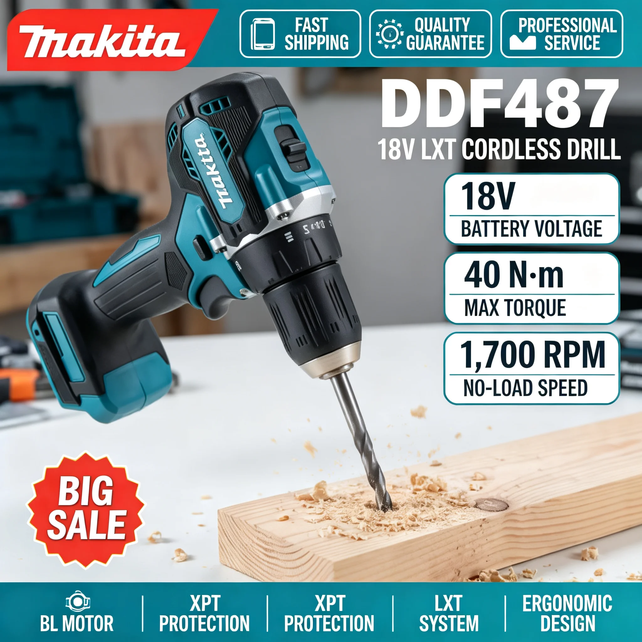 Brushless Cordless Electric Drill 18V - สว่านไร้สาย Makita DDF487 18V แบบมอเตอร์ไร้แปรงถ่าน แรงบิด